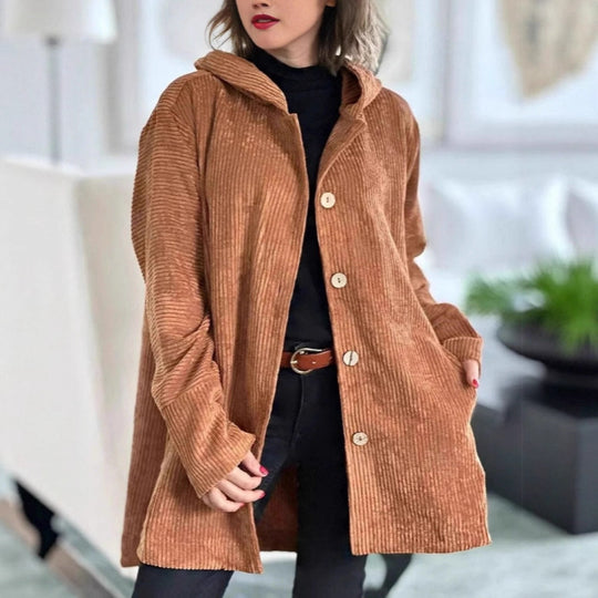 Damen Lässige cordjacke mit Kapuze und großen Knöpfen EB