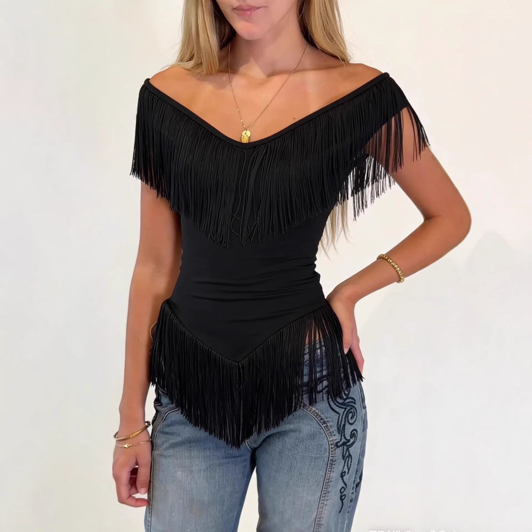 Damen Top mit fransigem Detail und Off-Shoulder-Design EB