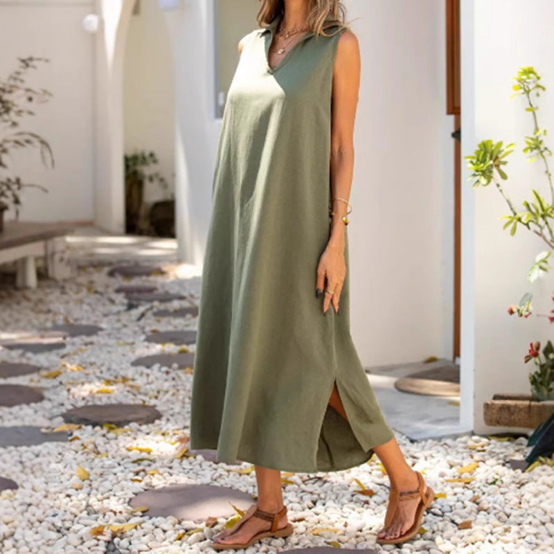 Damen elegantes Maxikleid mit schmalem Stehkragen und seitlichen Schlitzen EB
