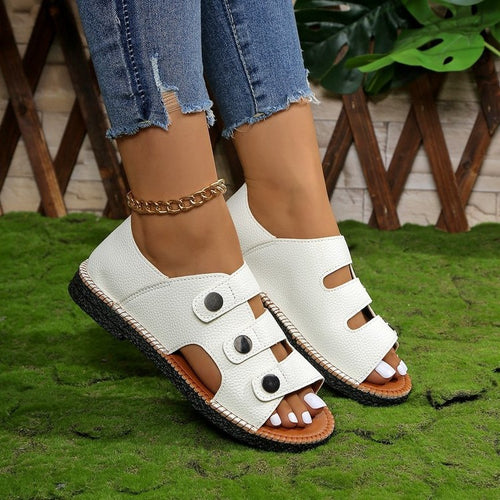 Damen Komfortable Riemchen-Sandalen mit moderner Knopf-Applikation EB