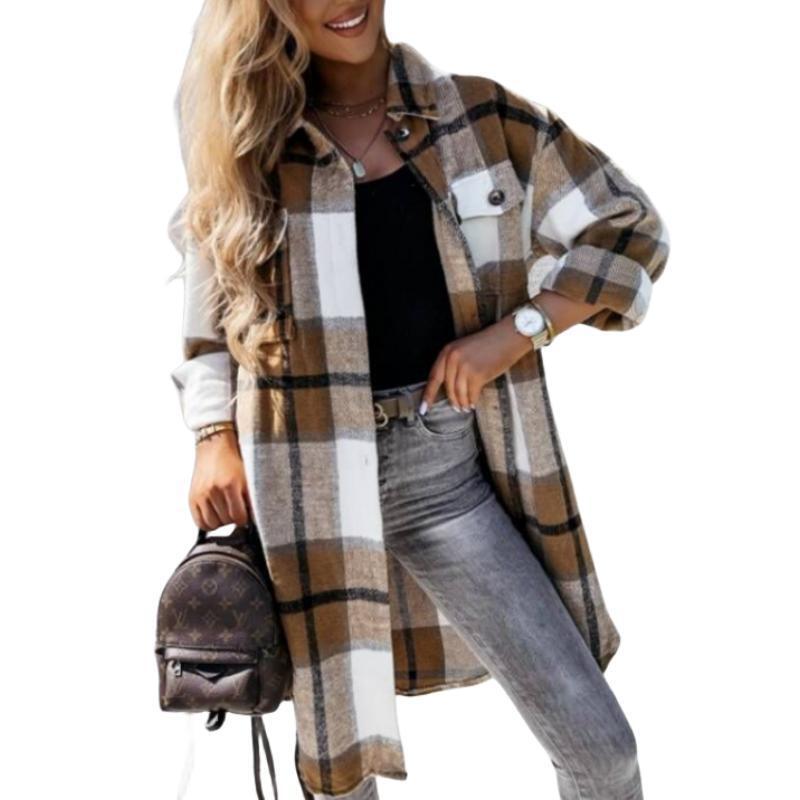 Damen Kariertes Overshirt mit knöpfbarem Design und aufgesetzten Taschen EB