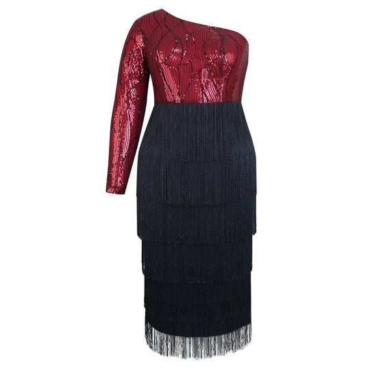 Damen Elegantes Cocktailkleid mit funkelnden Pailletten und Fransen EB
