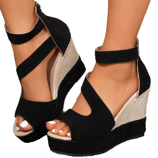 Damen Wedge-Sandaletten mit buntem Marmormuster und verstellbarem Riemen EB