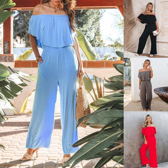 Damen Off-Shoulder Jumpsuit mit weichem Stoff und elastischem Bund EB