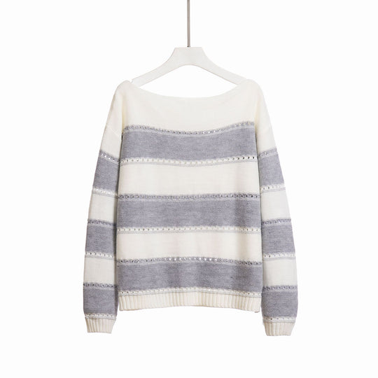 Damen Lässiger Strickpullover mit trendigem Streifenmuster und funkelnden Details EB