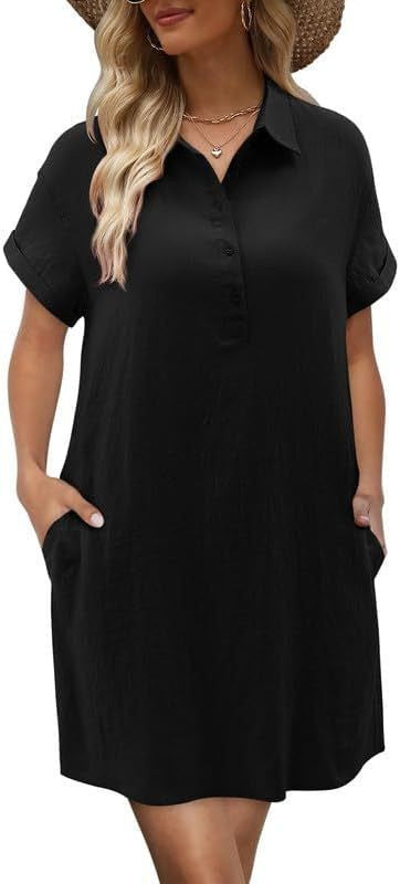Damen lässiges Hemdkleid mit Knopfleiste und Seitentaschen EB