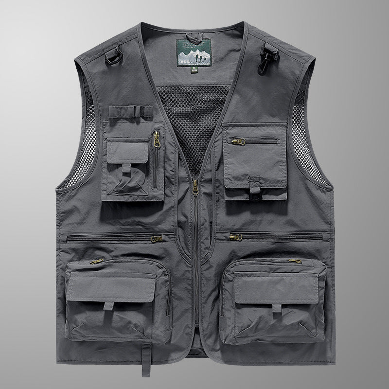 Herren multifunktionale Angler-Utility-Weste mit Mesh-Einsätzen, D‑Ringen und zahlreichen Reißverschluss- und Klappfächern EB