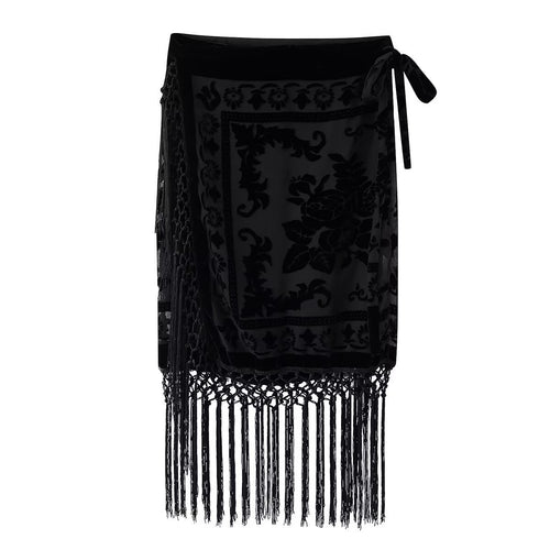 Damen Wickelrock mit eleganter Fransenverzierung und floralem Muster EB