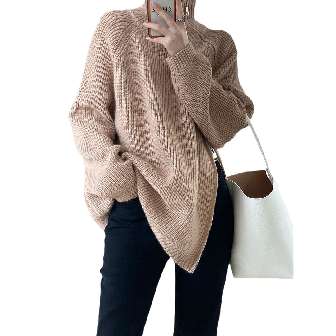 Damen lässiger Strickpullover mit seitlichem Reißverschluss und hohem Kragen EB