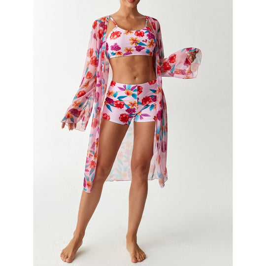 Damen Strandüberwurf mit floralem Design und hohem Schnitt EB