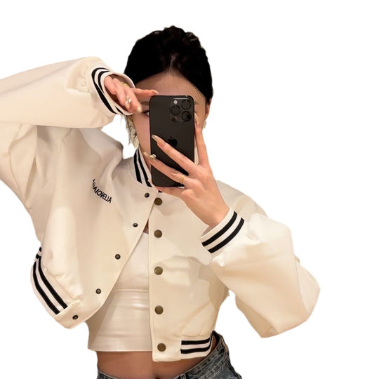 Damen lässige cropped Bomberjacke mit kontrastierenden Streifen und Druckknöpfen EB