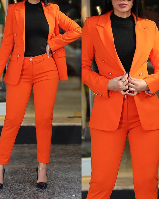 Damen Figurbetonter Zweireiher-Blazer mit schlanker High‑Waist Zigarettenhose EB
