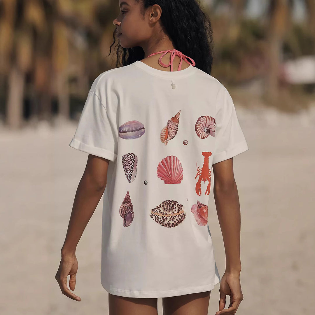 Damen lässiges T-Shirt mit maritimem Muschel-Print und lockerer Passform EB