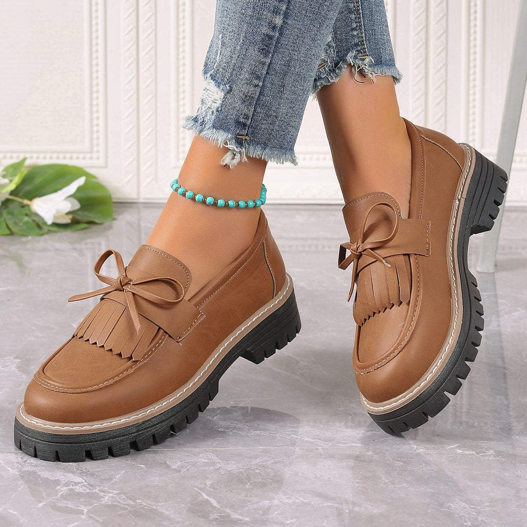 Damen modische Fransen-Loafer mit dekorativer Schleife und grober Profilsohle EB