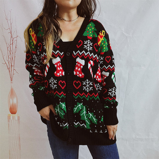 Damen Weihnachts-Strickjacke mit festlichem Design und knöpfbarem Schnitt EB