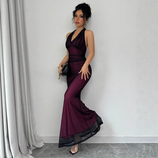 Damen Elegantes Maxikleid mit tiefem V-Ausschnitt und taillierendem Schnitt EB