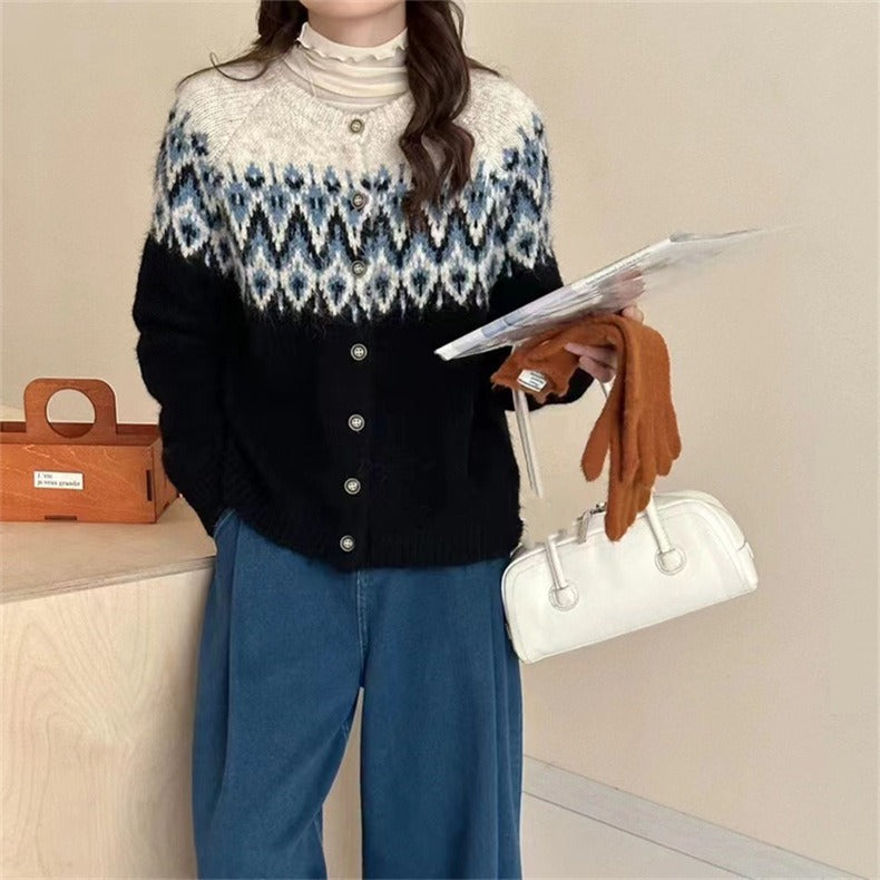 Damen Grobstrick Cardigan mit geometrischem Fair-Isle-Muster und eleganter Knopfleiste EB