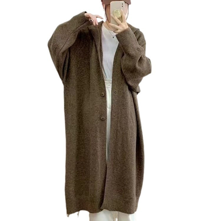 Damen Langer Strickcardigan mit Kapuze und praktischen Knöpfen EB