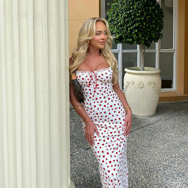 Damen Blumen-Midikleid mit verstellbaren Spaghettiträgern und eleganter Raffung EB