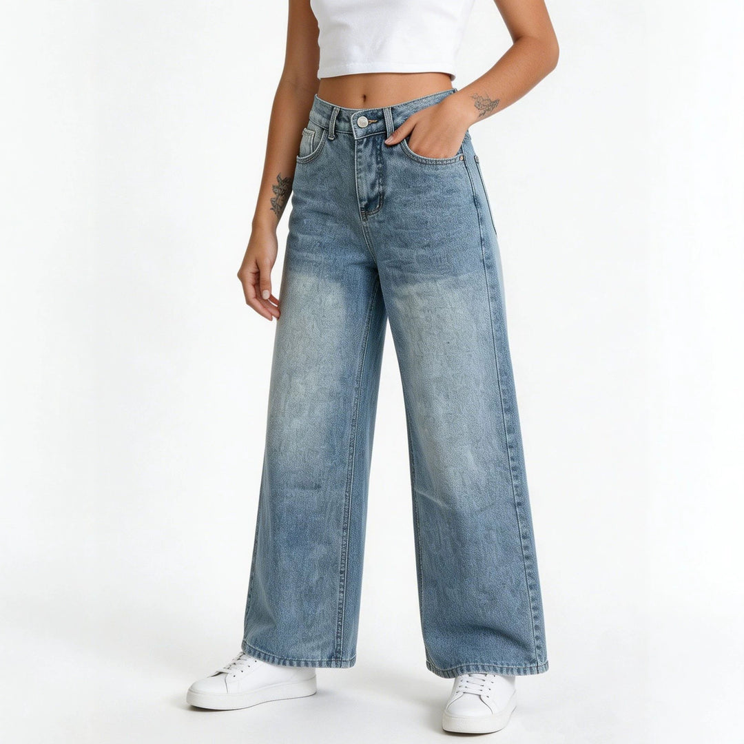 Damen nan hochgeschnittene Palazzo-Jeans mit extra weitem Bein und taillierendem Schnitt EB