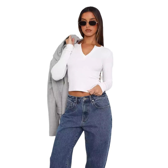 Damen Langarm Crop-Top mit eleganter V-Öffnung und figurbetontem Schnitt EB