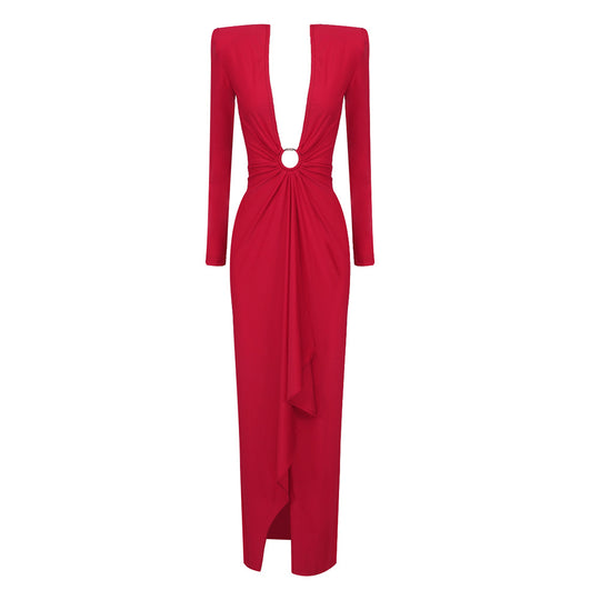 Damen Elegantes Abendkleid mit tiefem V-Ausschnitt und gefalteten Ärmeln EB