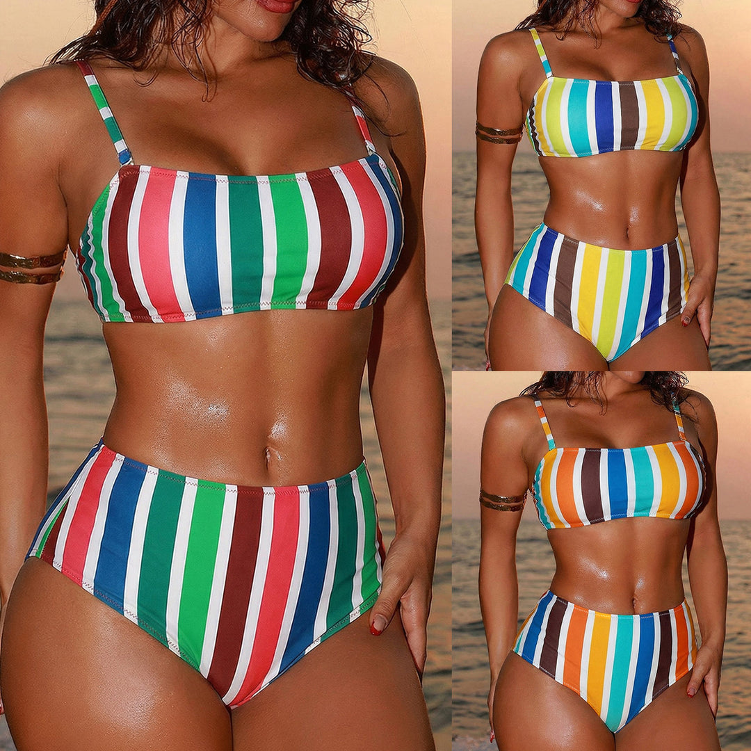 Damen Hoch geschnittener Bikini mit breiten Streifen EB