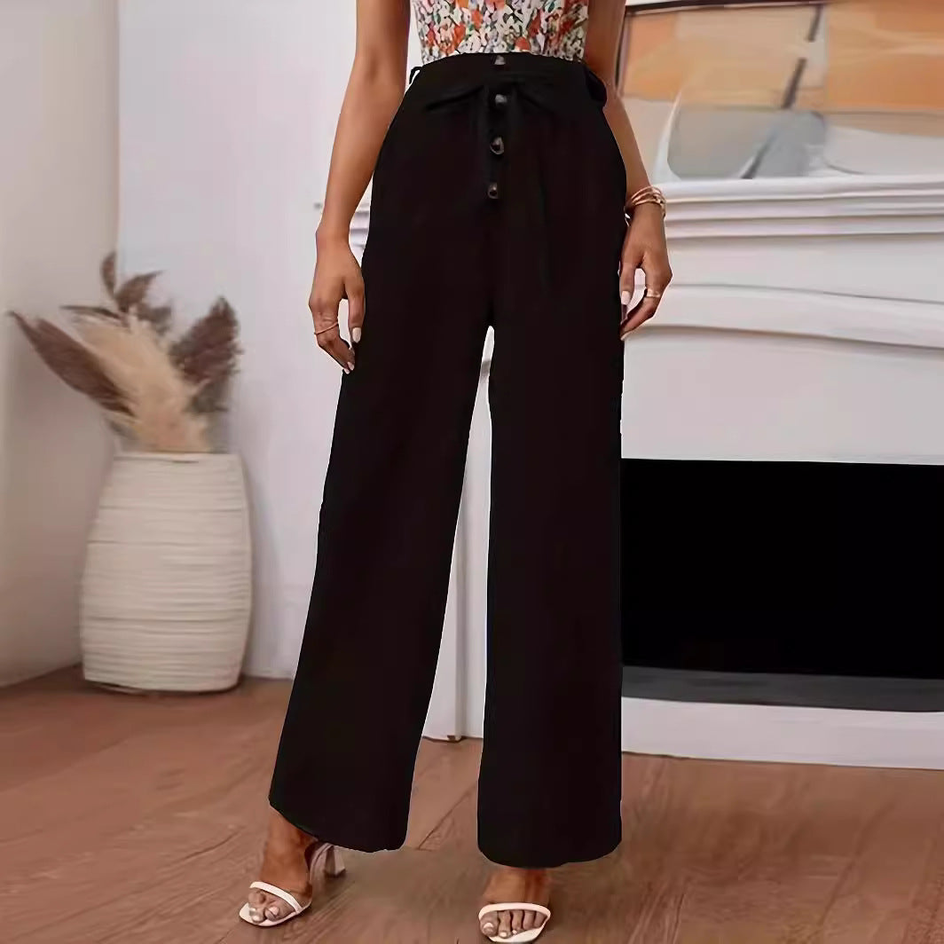 Damen weite Hochbundhose mit Bindegürtel und Knopfdetail EB
