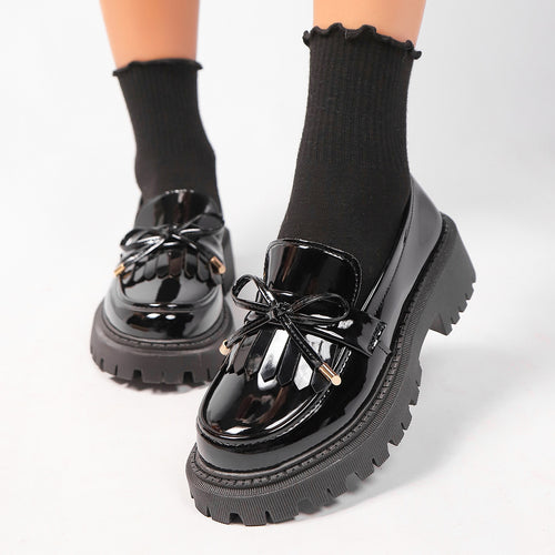 Damen modische Lacklederschuhe mit robustem Profilsohle und Schleifenakzent EB
