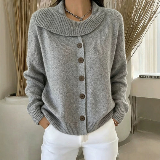 Damen Kuscheliger Knopf-Cardigan mit breitem Rollkragen und gerippten Bündchen EB