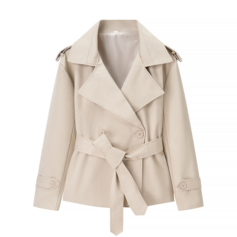 Damen nan kurze Trenchcoat Jacke mit Taillengürtel breitem Revers und dekorativen Schulterklappen EB