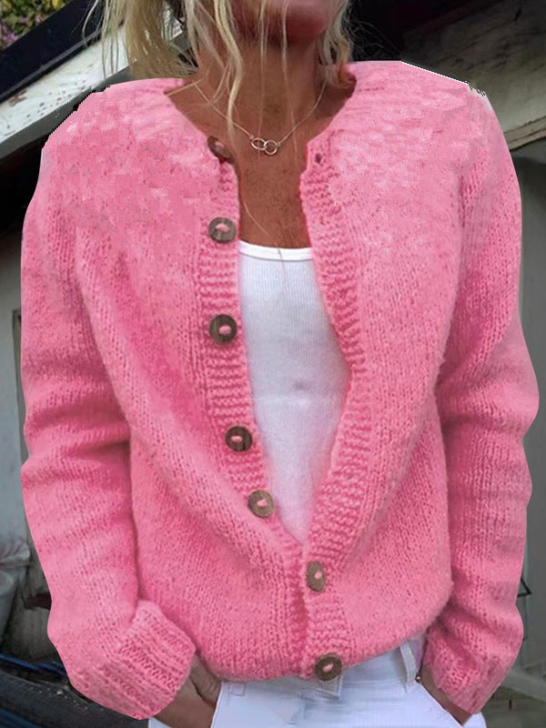 Damen nan kuscheliger Strickcardigan mit Zierholzknöpfen und Rundhalsausschnitt EB