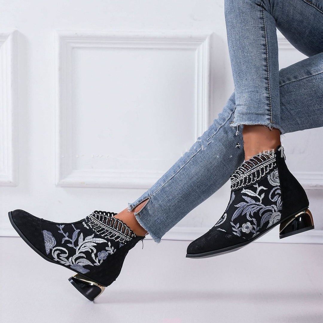 Damen Stiefeletten mit floralem Muster und glanzvollem Blockabsatz EB