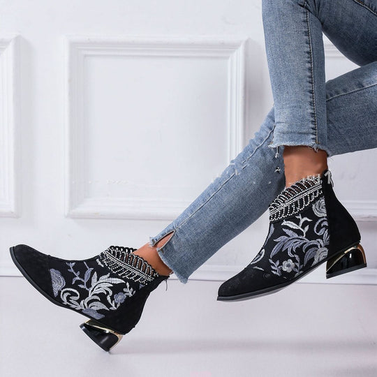 Damen Stiefeletten mit floralem Muster und glanzvollem Blockabsatz EB