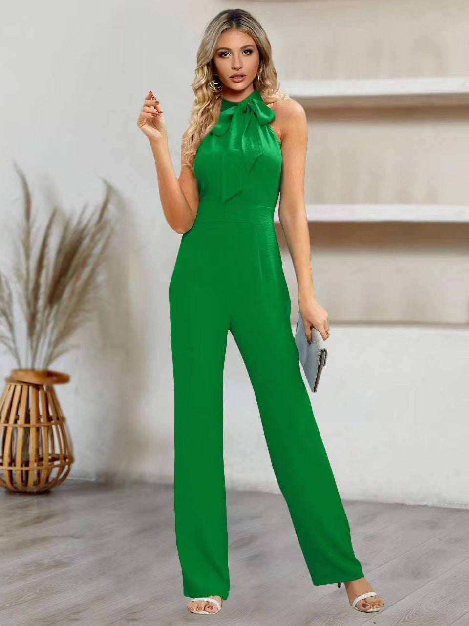Damen elegante Jumpsuit mit neckholder Design und Bindeband EB