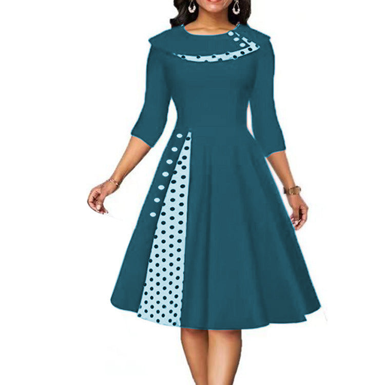 Damen Elegantes Midi-Kleid mit Punkten und seitlicher Kontrastdetail EB