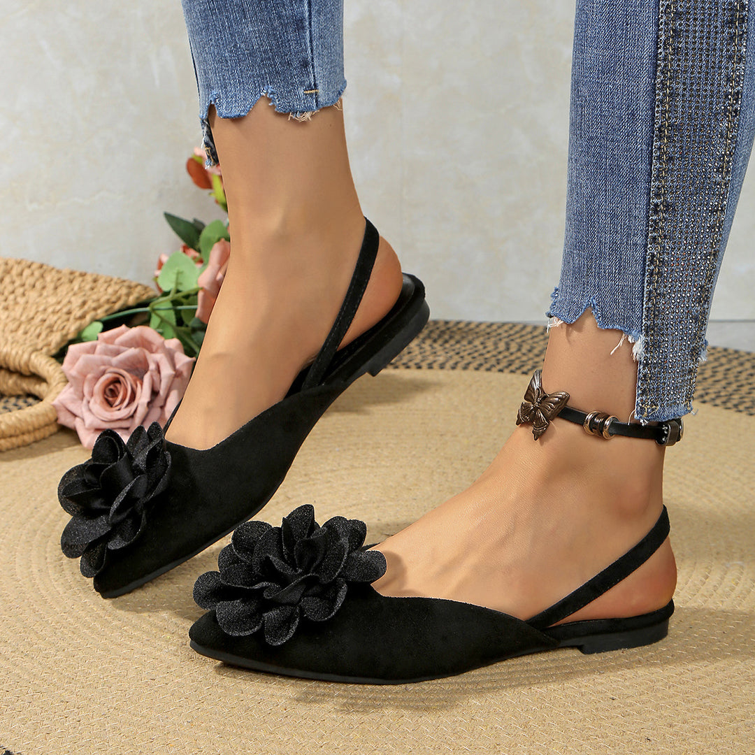 Damen Slingback-Mules mit spitzer Zehenpartie und großer Blumenapplikation EB