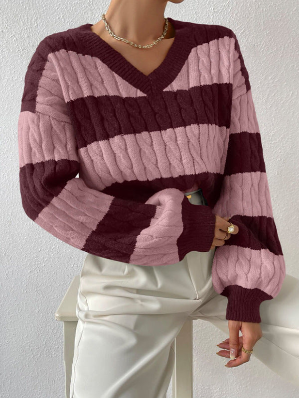 Damen V-Ausschnitt Strickpullover mit Rippstruktur und langen Ärmeln EB