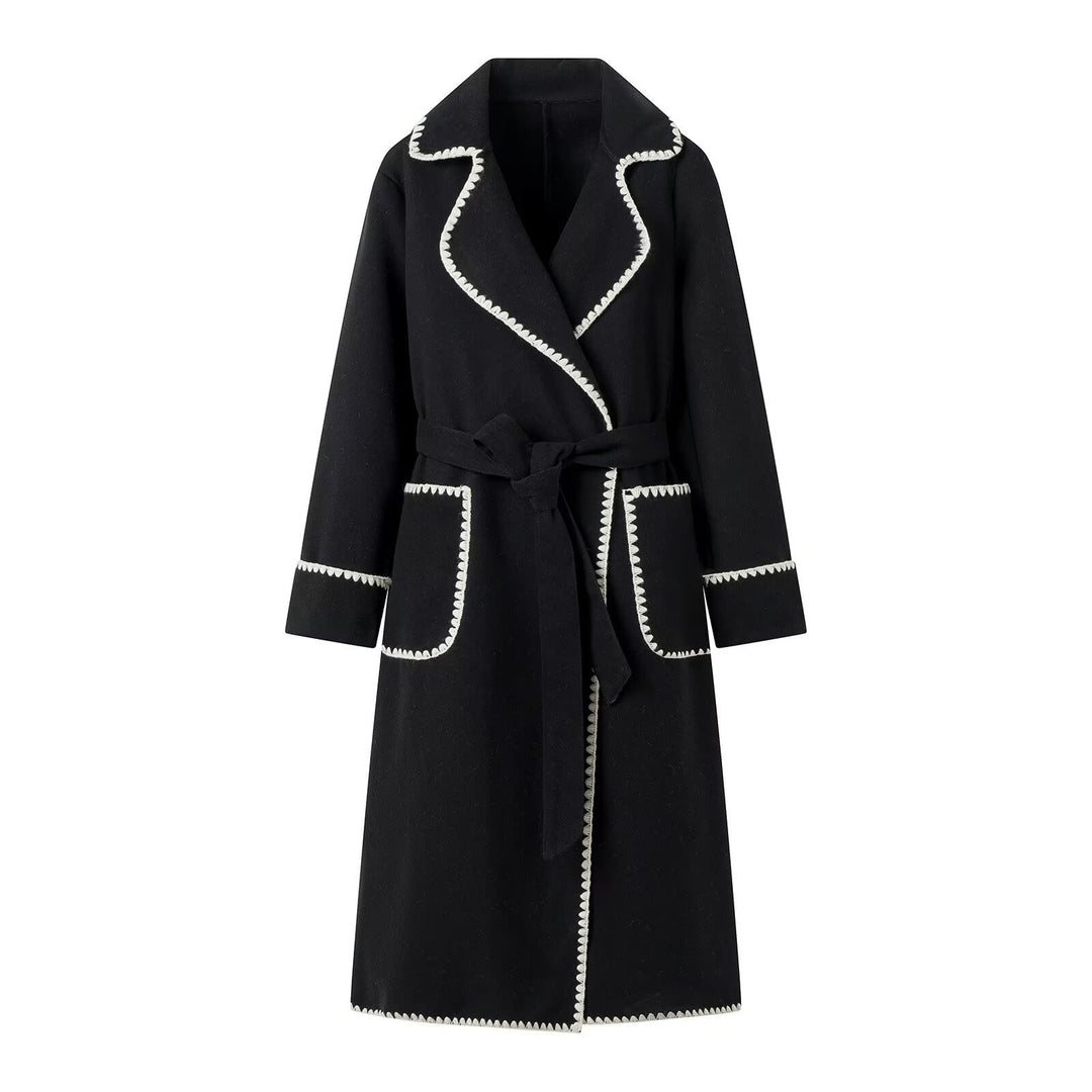 Damen eleganter Trenchcoat mit dekorativem Kontrastborte und praktischen Taschen EB