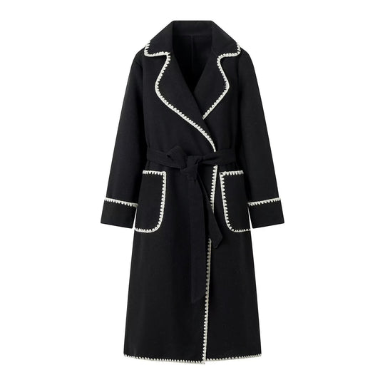 Damen eleganter Trenchcoat mit dekorativem Kontrastborte und praktischen Taschen EB