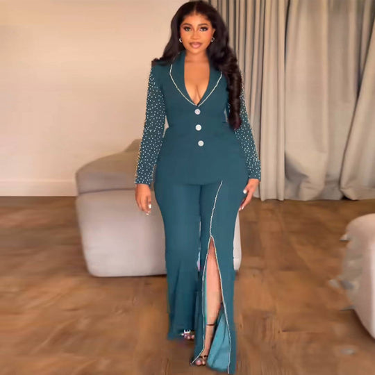 Damen Eleganter Anzug mit schimmernden Perlen und modernem Schlitz EB