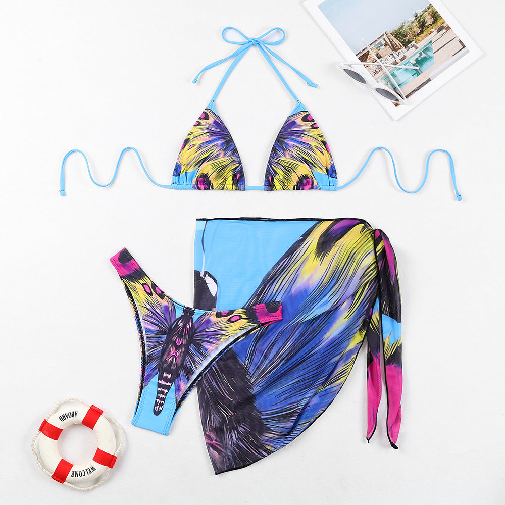 Damen Triangel-Bikini-Set mit aufregendem Schmetterlingsdruck und passendem Pareo EB