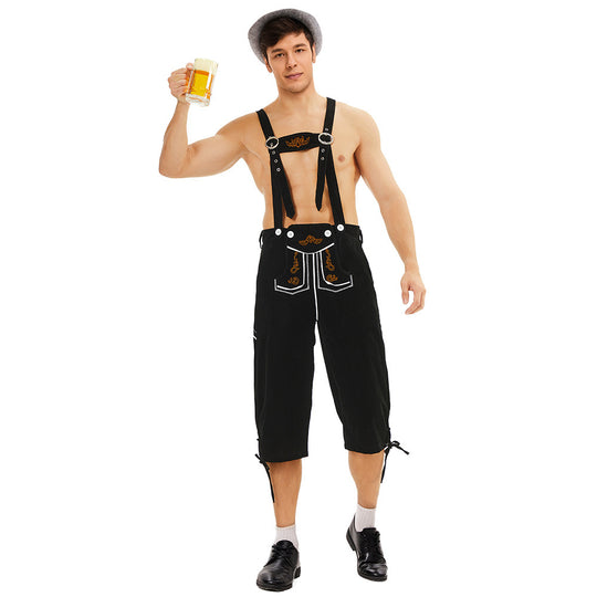 Herren nan knielange Wildlederimitat Lederhose mit detaillierter Stickerei EB