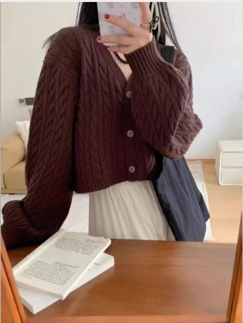 Damen kuscheliger Strickcardigan mit V-Ausschnitt und großen Knöpfen EB