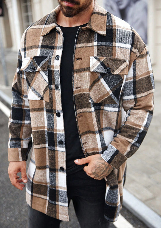 Herren karierte Flanelljacke mit knöpfbaren Taschen und modernem Schnitt EB