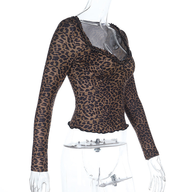 Damen elegantes Leopardenmuster Langarmoberteil EB