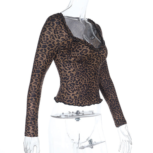Damen elegantes Leopardenmuster Langarmoberteil EB