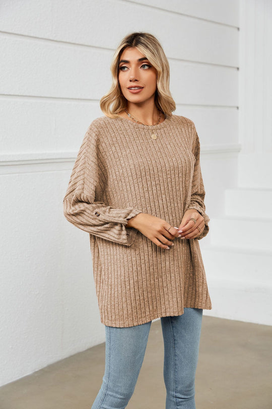 Damen lockeres Strickoberteil mit Baumwolldetail EB