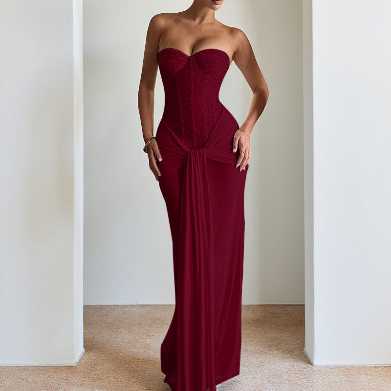 Damen schickes Maxikleid mit elegantem Bustier-Oberteil und gerafftem Rock EB