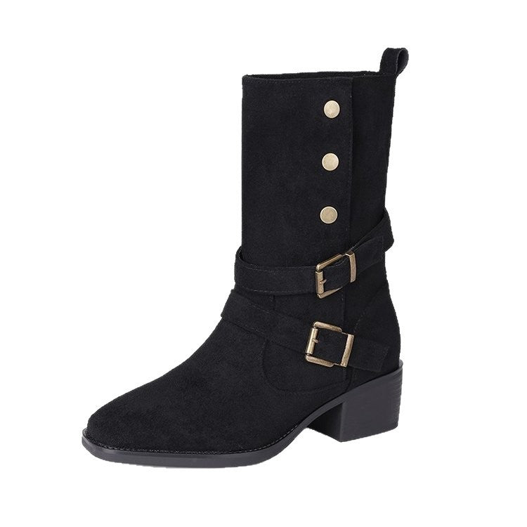 Damen Modische Stiefeletten mit verstellbaren Riemen und robustem Blockabsatz EB